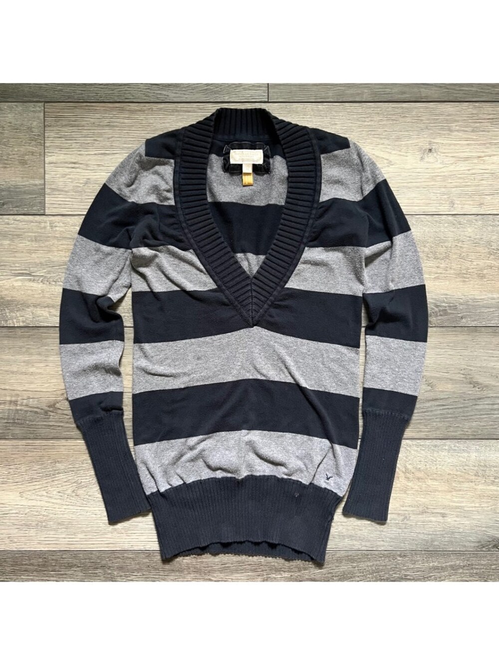 American Eagle Womens M Pullover Striped V Neck Sweater Blue Gray Bella Swan Y2K